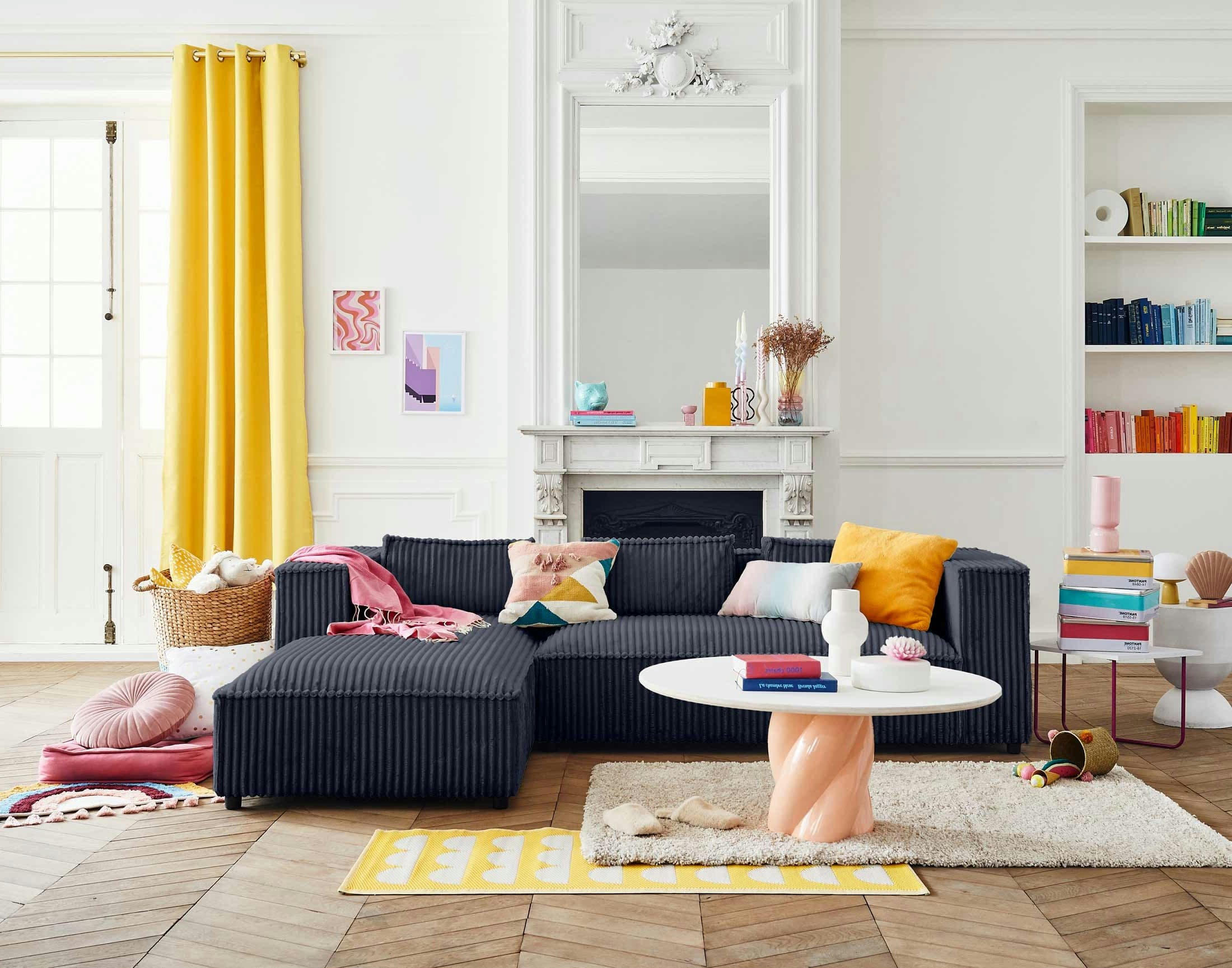 STELLA - Canapé d'angle gauche 4 places en velours grosses côtes bleu marine