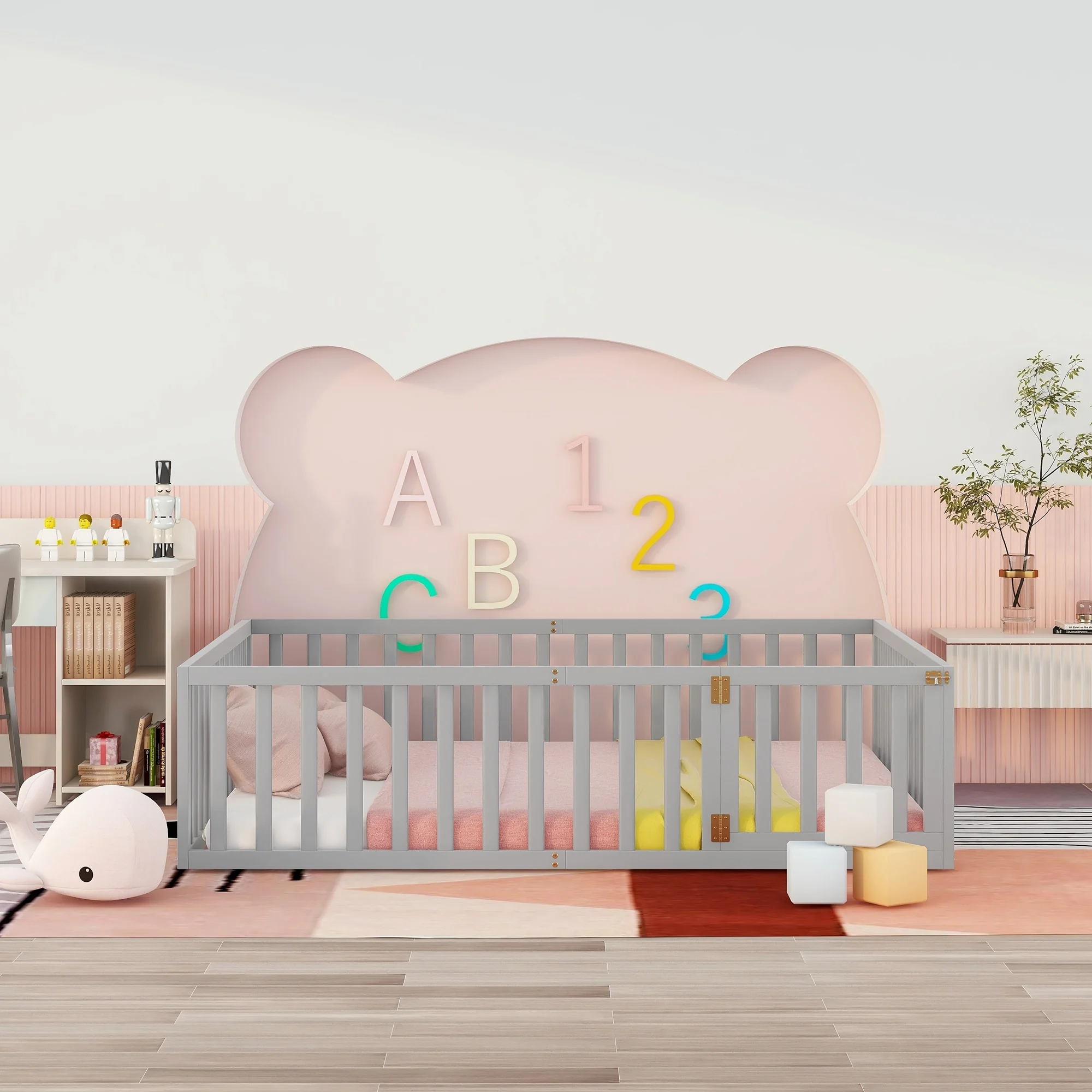 Versatile Queen Size Floor Bed Frame with Safety Fence and Open Door