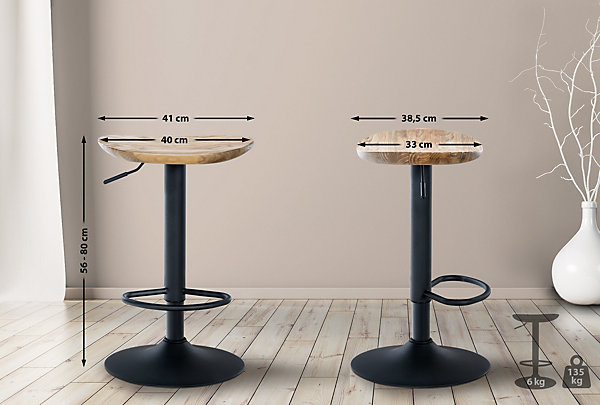 Lot De 2 Tabourets De Bar Skelde Avec Assise En Bois, Style,ndustriel, Pied En Métal, Réglable Et Pivotant Nature