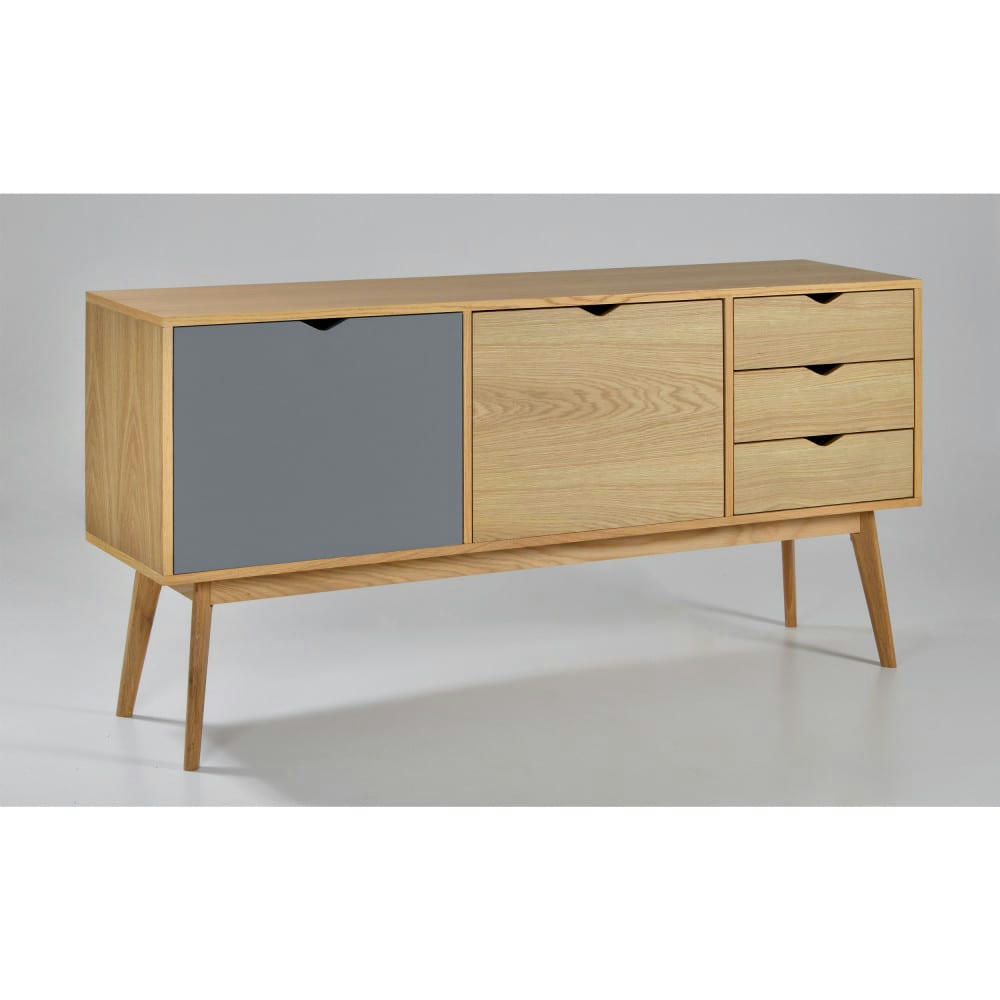 STRÖM - Buffet design 2 portes 3 tiroirs chêne porte gris souris