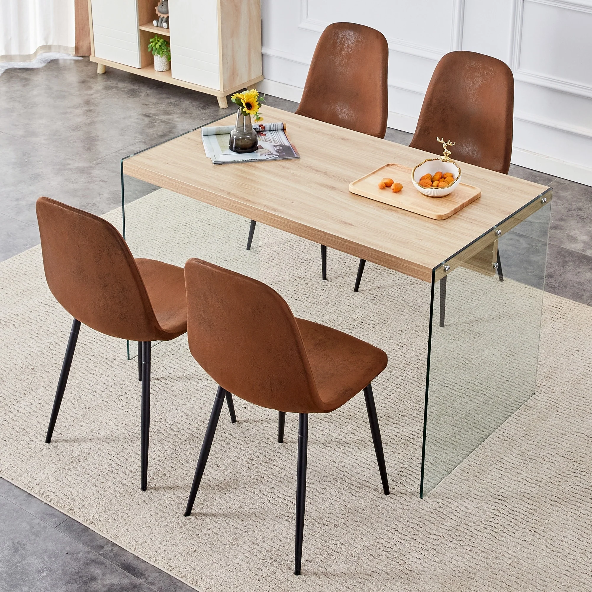 Modern Style 5-Piece Dining Set with Rectangular Table and 4 Gold Cross Base Dining Chairs