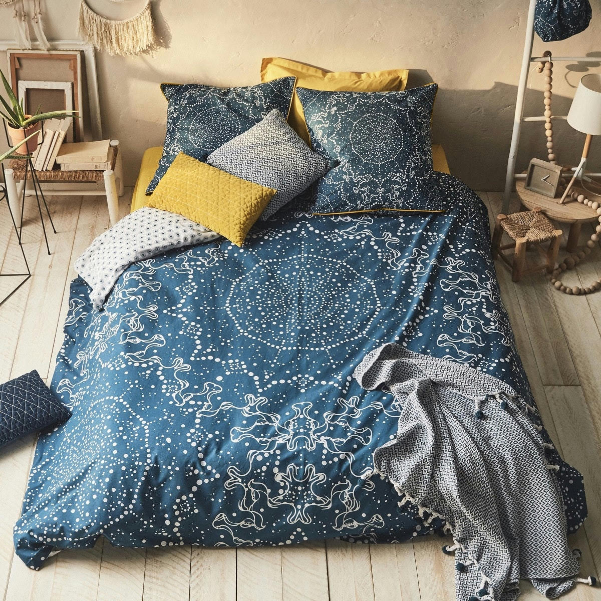 CALLISTO - Parure de lit 2 personnes coton  imprimé bleu 260x240cm