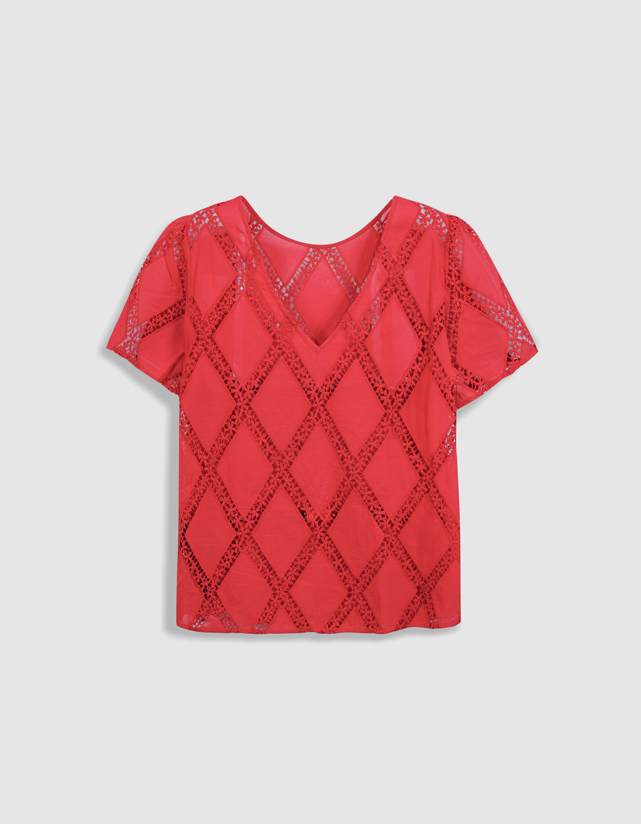 Blouse rouge galons dentelle réversible devant/dos Femme