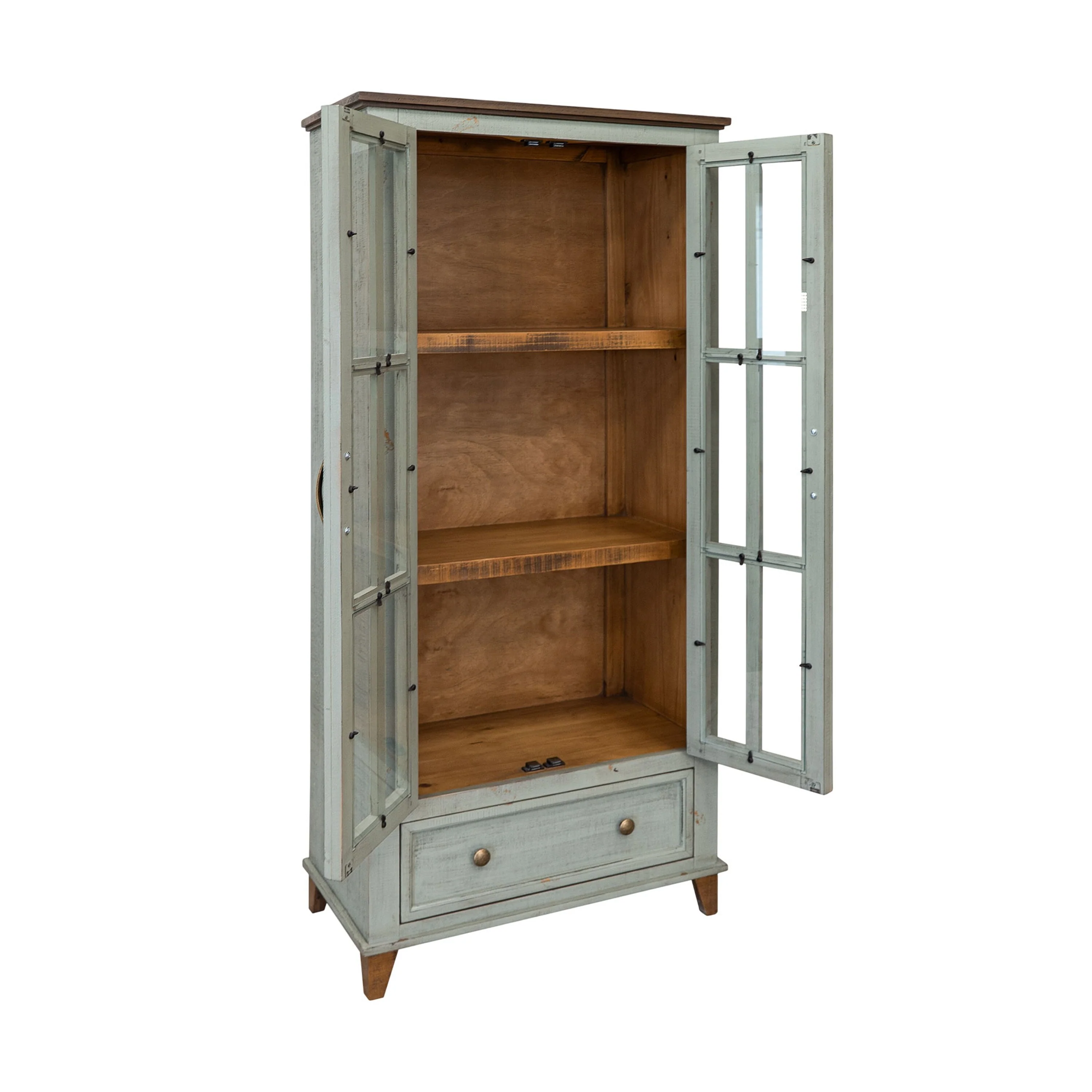 Rozy Accent Cabinet, 2 Glass Doors, Sage Green Solid Pine Wood 70 Inch