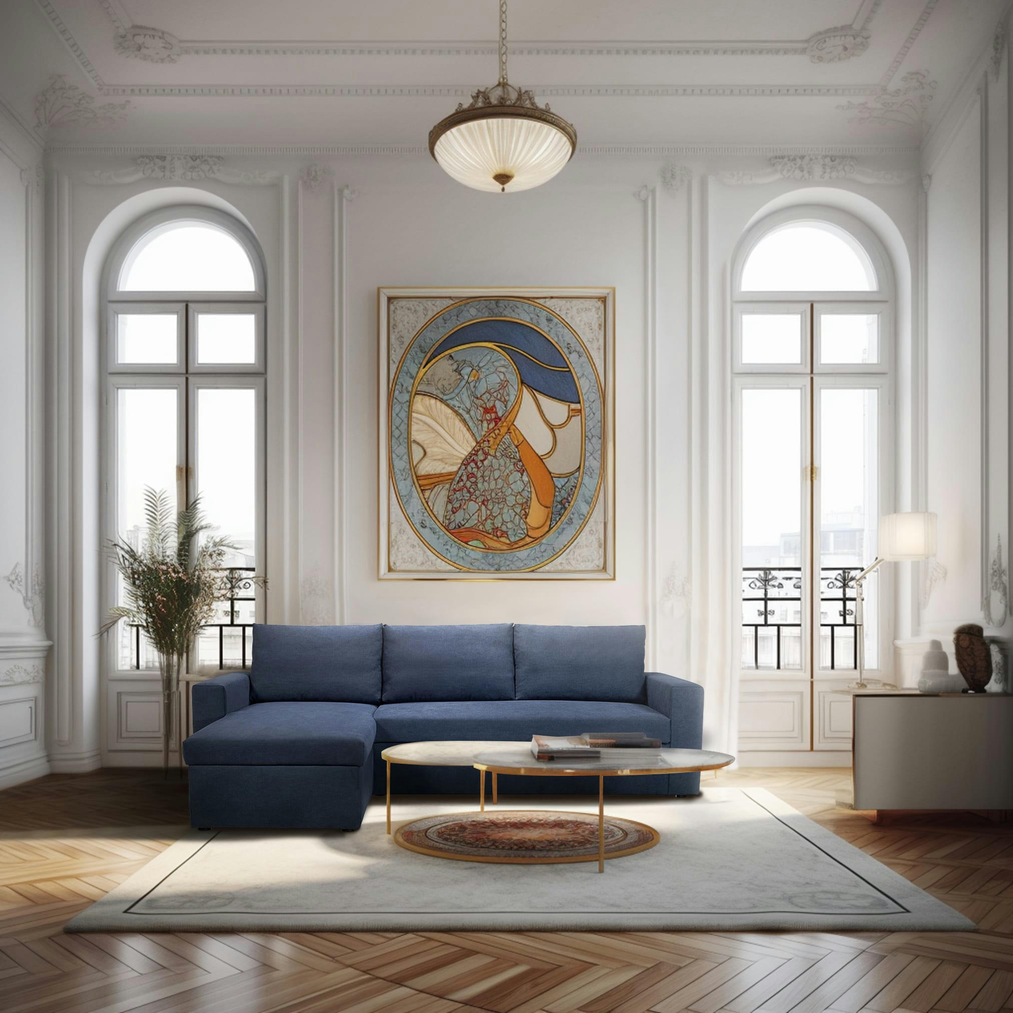 ALEDO - Canapé d'angle réversible convertible 4 places en tissu bleu