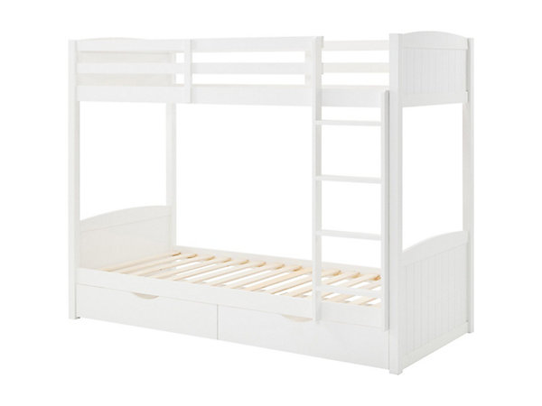 Lits superposés 2 x 90 x 200 cm - 2 tiroirs - Pin et MDF - Blanc   Matelas - LIMODARA