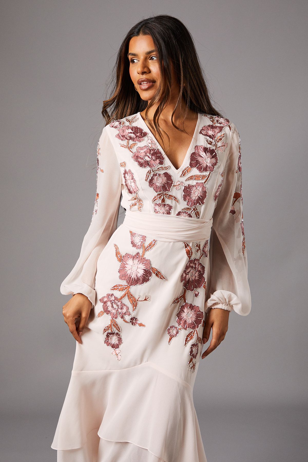 Coast Petite Sequin Embellished And Embroidered Hi-Lo Maxi Dress
