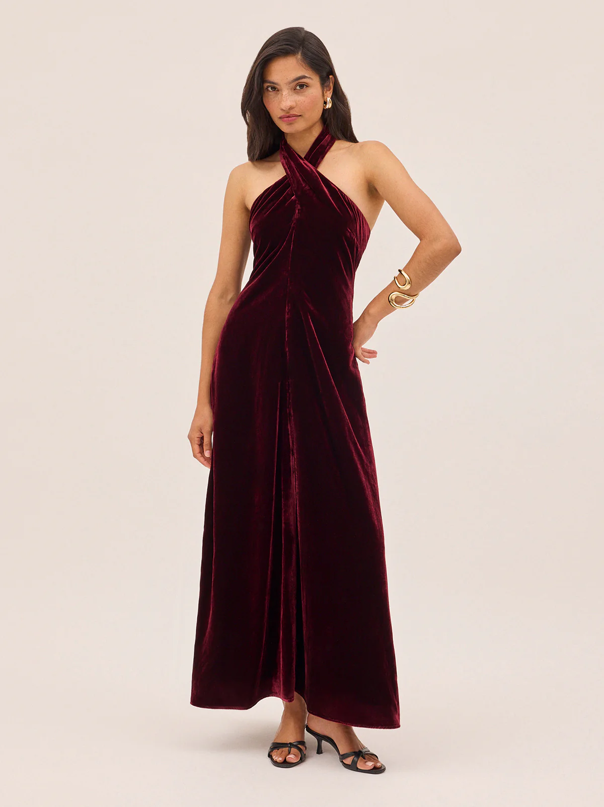 Neve Burgundy Velvet Halter Dress