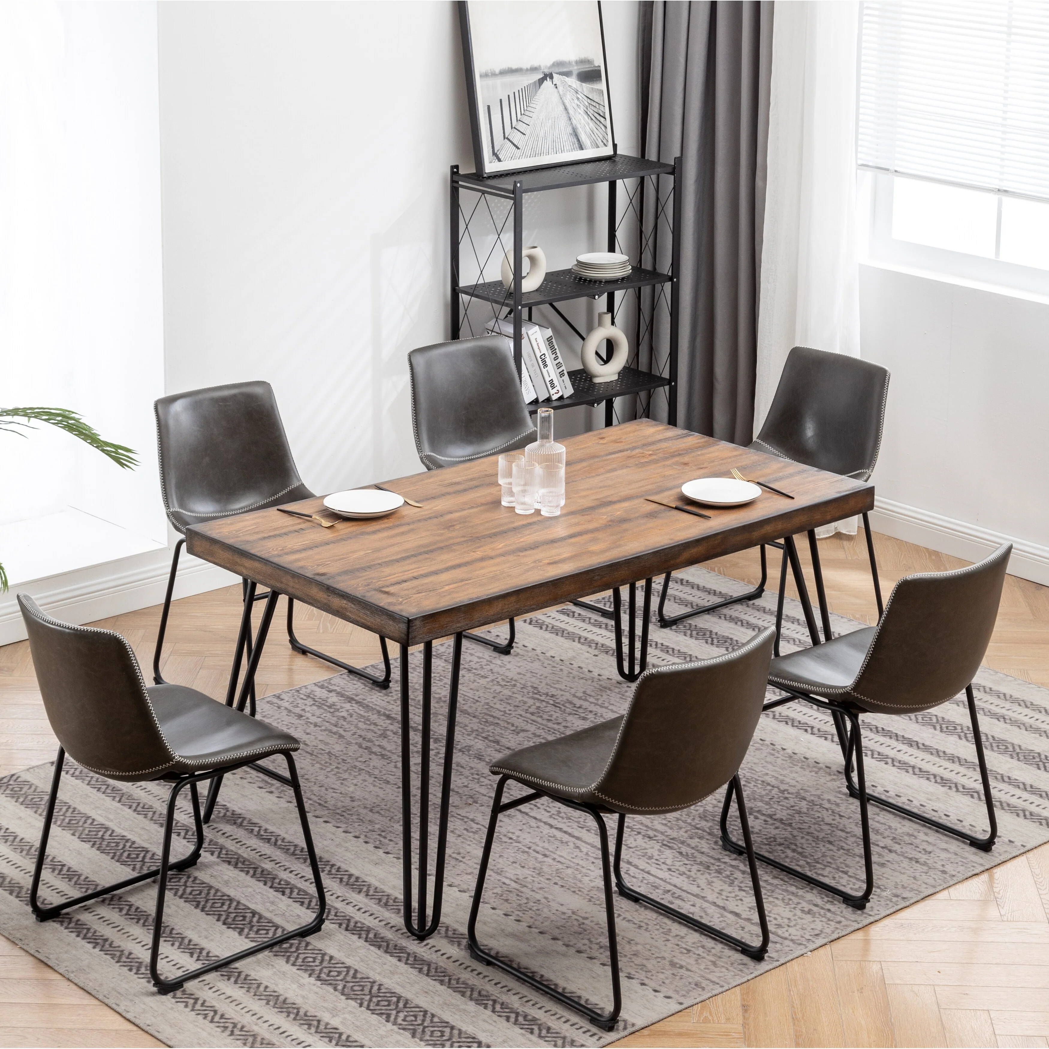7 Pieces Rubberwood Rectangular Dining Furniture Set with 6 Chairs