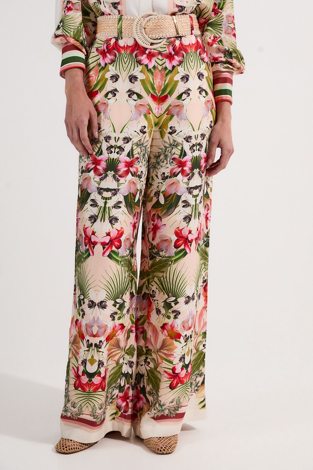 KarenMillen Mirrored Viscose Linen Floral Print With Raffia Belt Woven Trouser