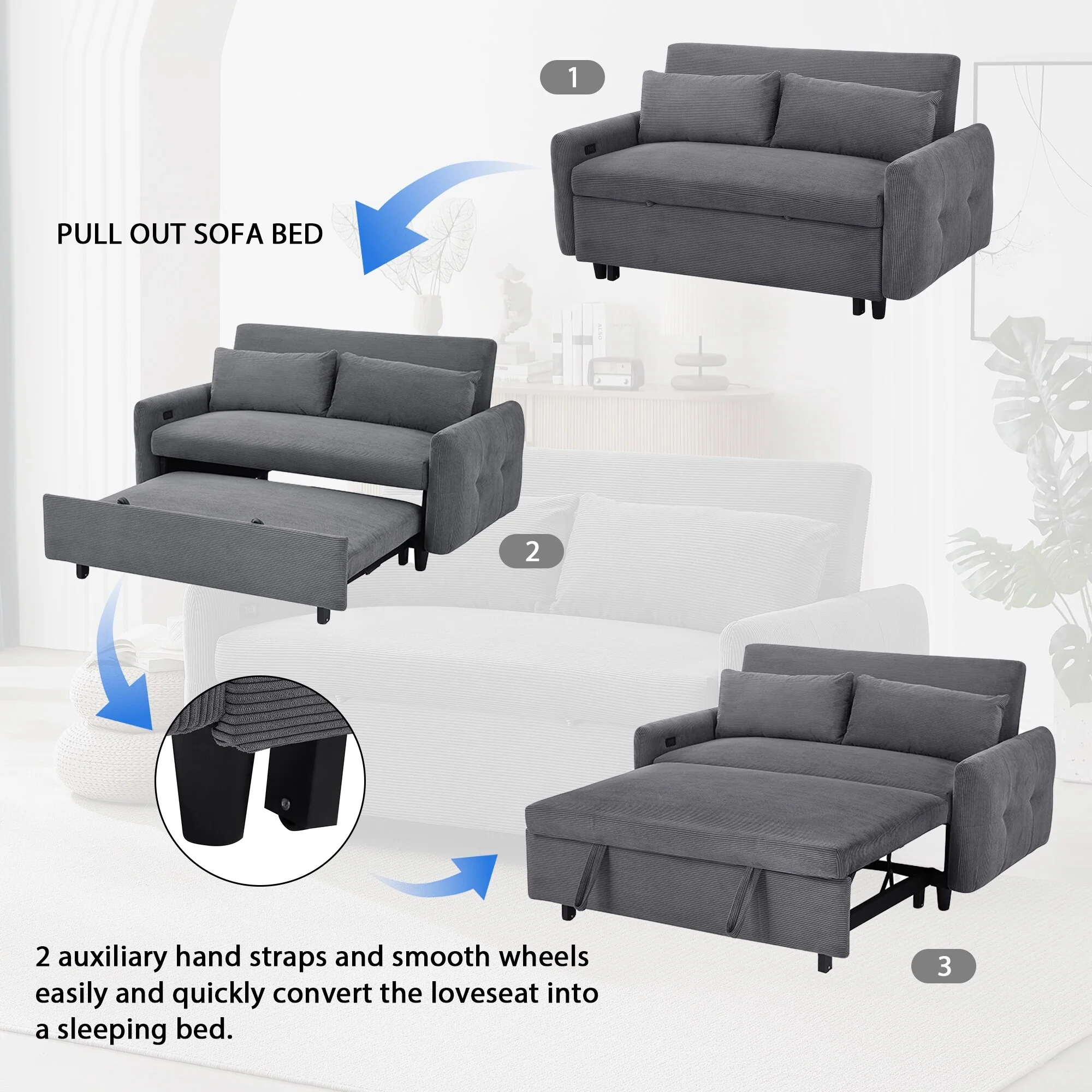 Pull-Out Sofa Bed Convertible Couch 2 Seat Loveseat Sofa Modern Sleeper Sofa With Two Throw Pillows And Usb Ports