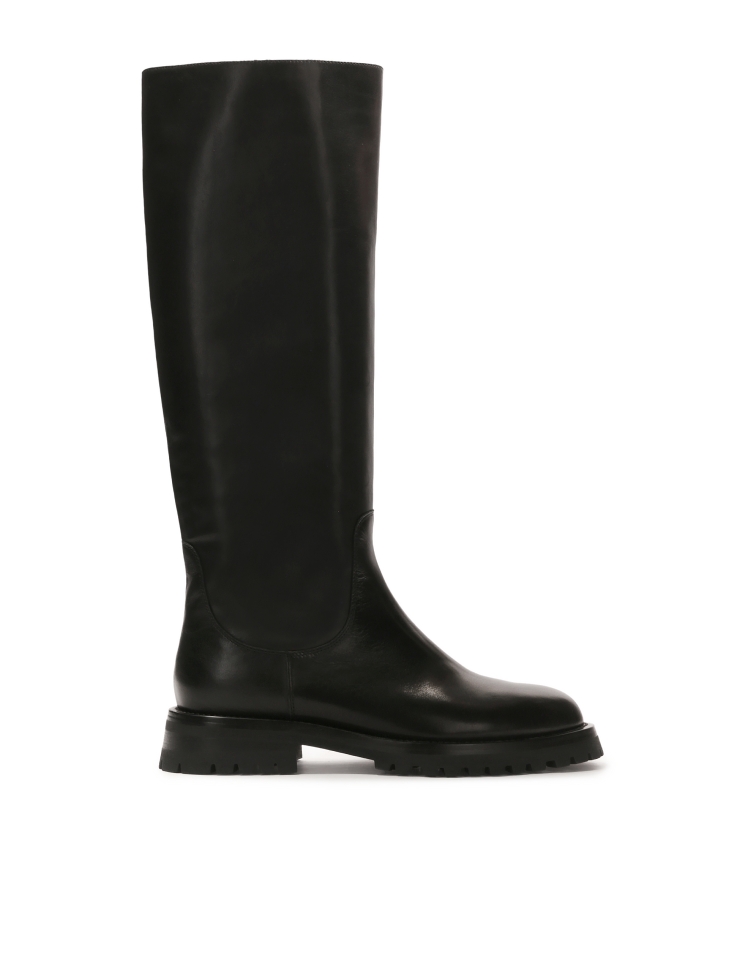Black leather boots with slip-on upper