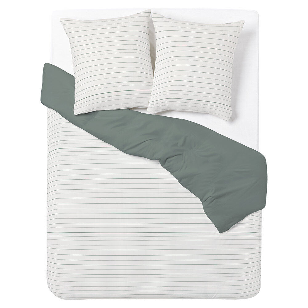 Parure de lit 2 personnes 240x220cm polycoton rayure kaki et blanc