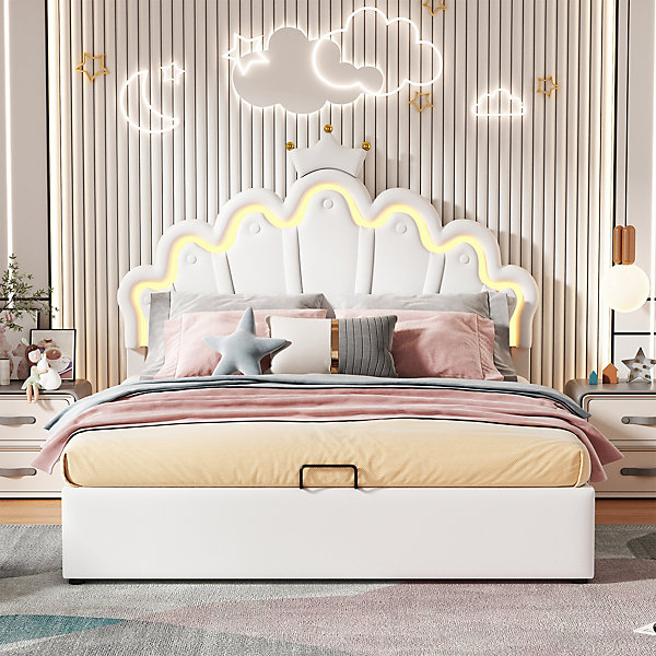 Lit 140x200 cm avec tête nuage capitonnée et couronne, LED multicolore intégrée et rangement hydraulique