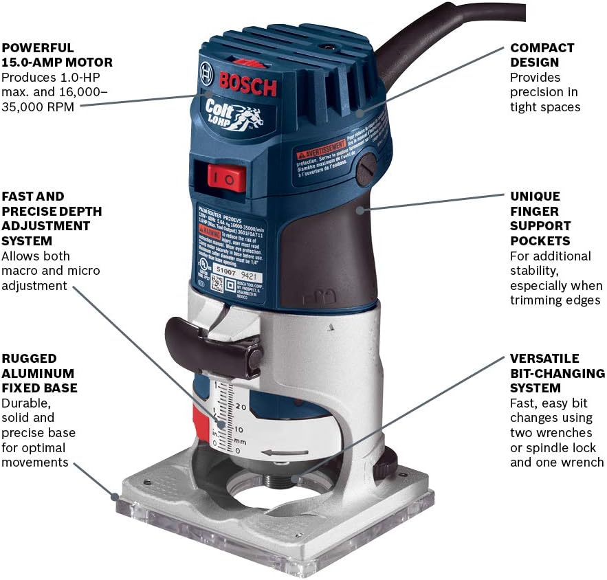 BOSCH PR20EVS Colt 1.0 HP Variable-Speed Palm Router - 5.6 Amp Motor, Soft Start, Constant ResponsCircuitry, Ergonomic Grip, Rugged Aluminum Base, Fixed, Quick-Clamp System, 1/4 Collet