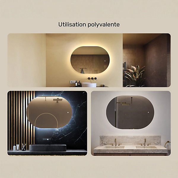 Miroir de salle de bain lumineux - ARTFORMA - Ovale - 100x70cm - LED Dual   Interrupteur tactile