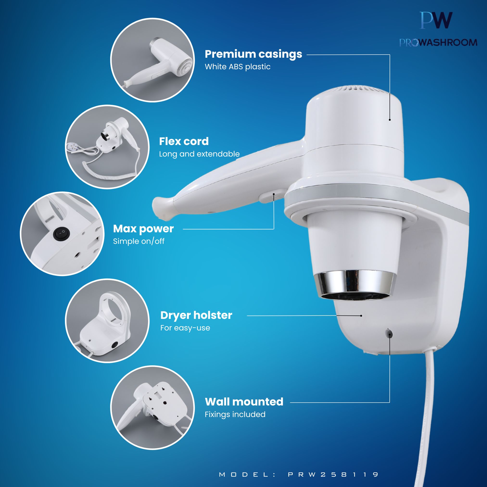 MYLEK Pro Washroom Hotel Hair Dryer 800w