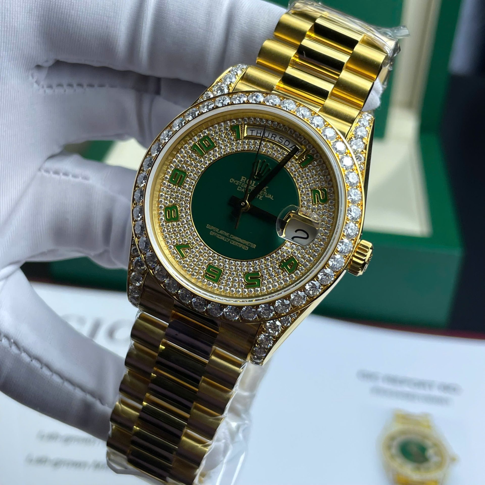 Rolex Day-Date YG Plated Diamond Green Dial 40mm Super Clone