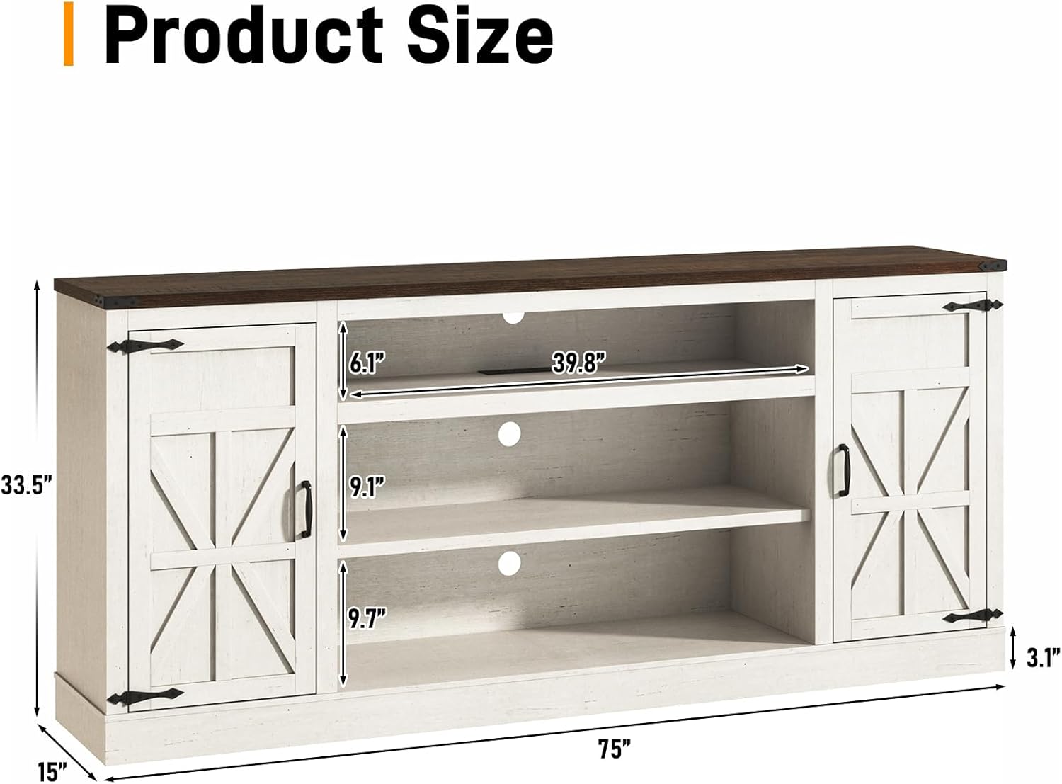 75 Farmhouse TV Stand with Power Outlets for 85 Inch TVs, 33 Tall Entertainment Center with Storage Cabinets w/Adjustable Shelves, Rustic Large TV Media Console, Rustic White