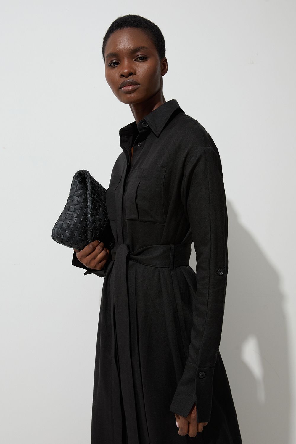 KarenMillen Viscose Linen Woven Belted Shirt Dress