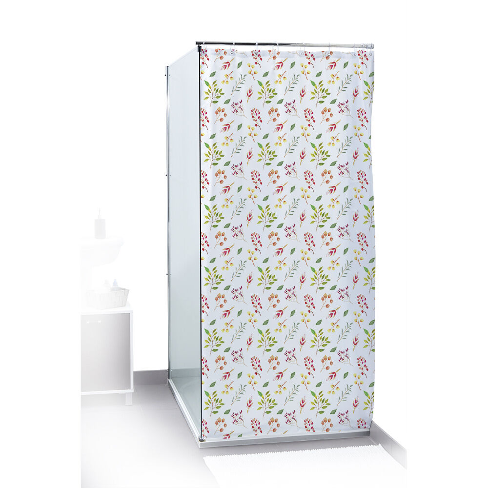 Rideau de douche motif feuillage et floral blanc vert rouge 180x200cm