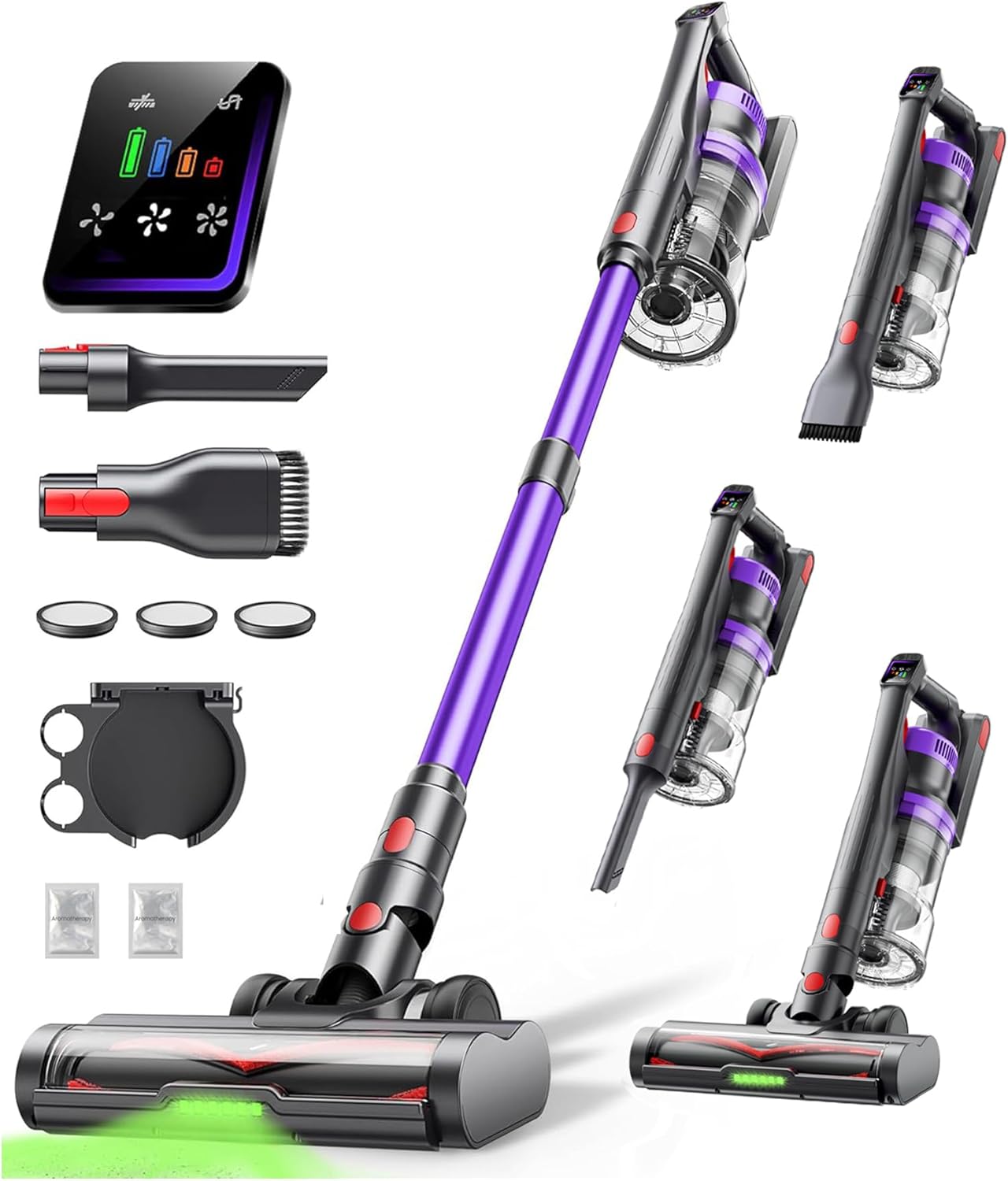Cordless Vacuum Cleaner, 50KPa 600W Powerful Stick Vacuum for Home, 65Mins Runtime, 1.8L XL Dust Cup One-Touch Empty, Green LED Anti-Tangle Brush & Fragrance, for Pet Hair Carpet Hard Floor