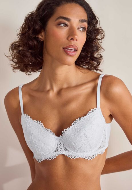 Womens White Floral Lace Balcony Bra (C-DD)