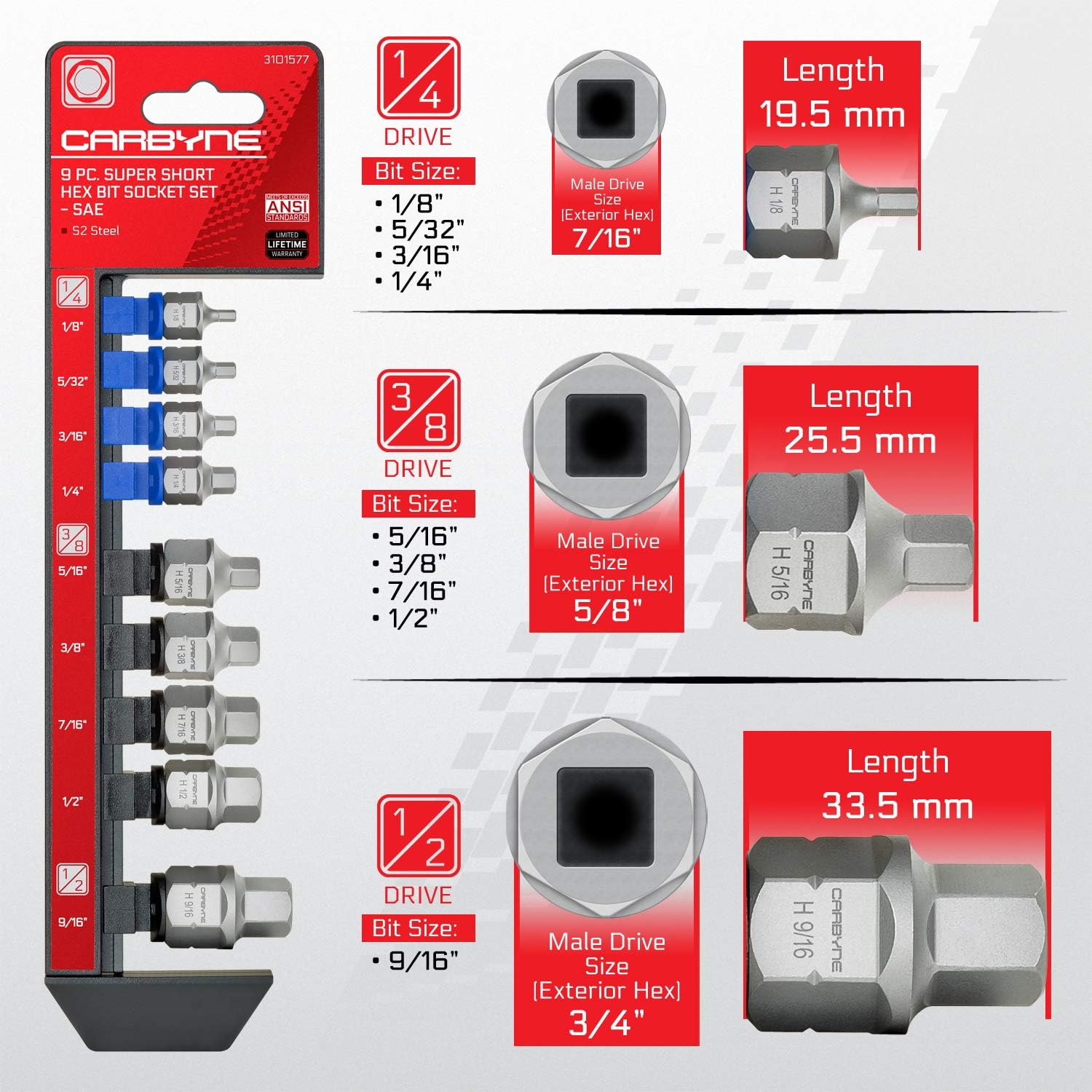 CARBYNE 9-Piece Stubby Low Profile Hex Bit Socket Set SAE S2 Steel Super Short Allen Sockets with Dual Drive Internal Square and External Hex for Tight Confined Spaces