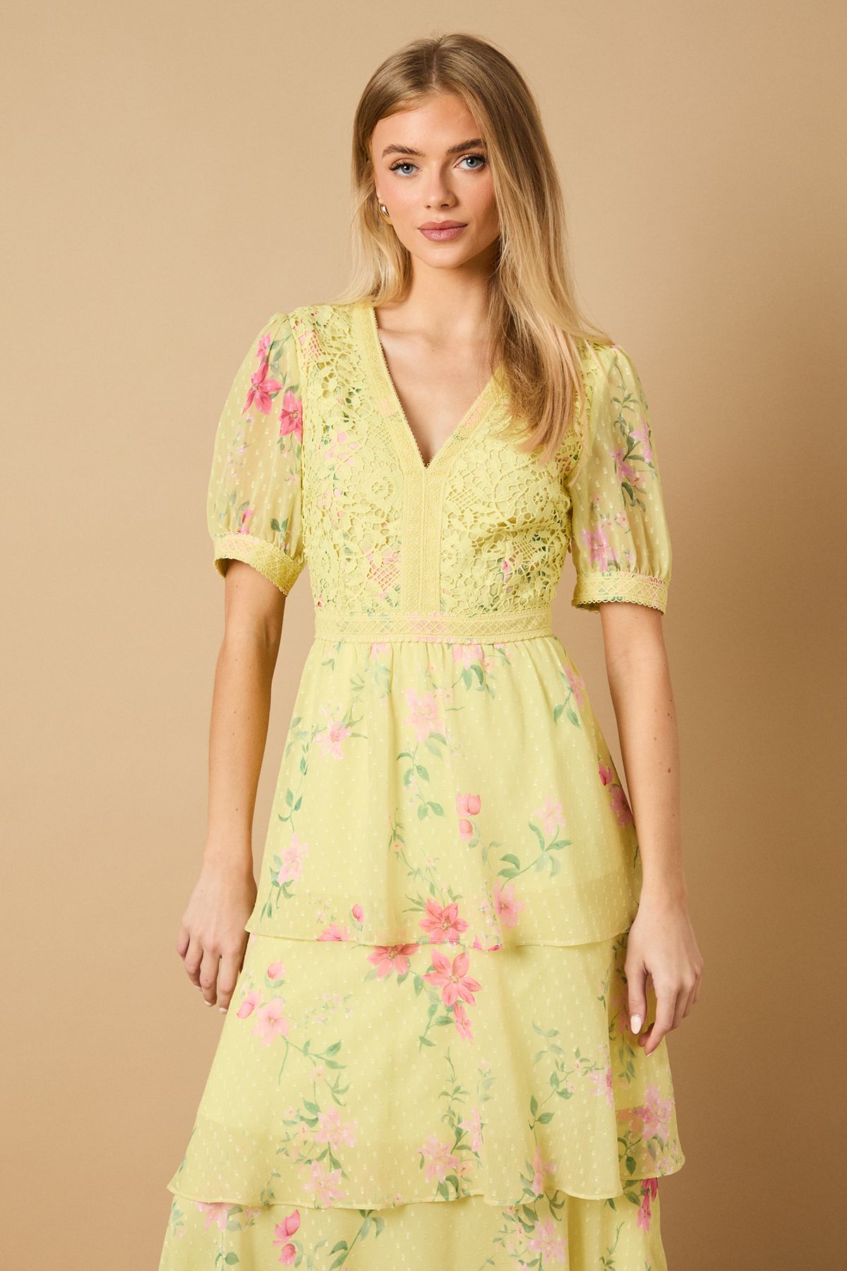 Oasis Occasion Floral Lace Bodice Tiered Midi Dress