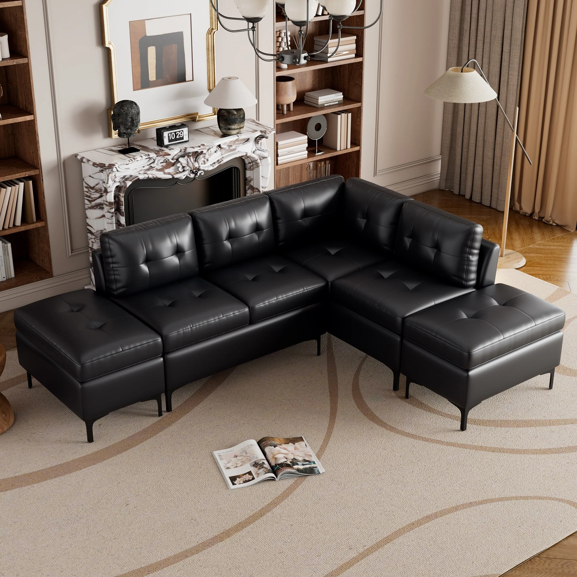 94.88 PU Leather L-Shaped 6-Seat Sectional Sofa with Movable Storage Ottomans, Ergonomically Designed for Comfort