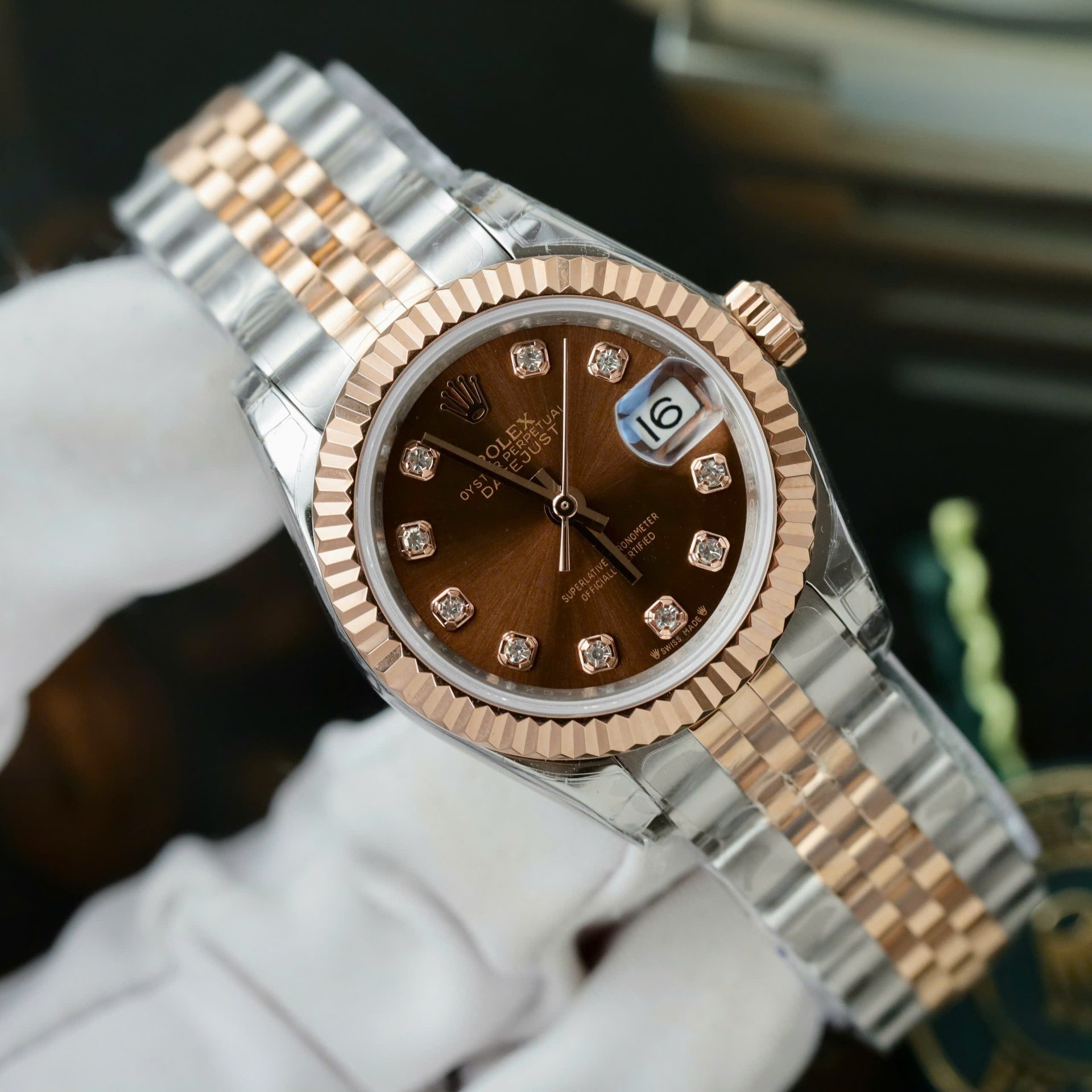 Rolex Lady-Datejust 279171-0011 SS/RG Plated Chocolate Dial CZ Diamonds 28mm Jub AAA Replica