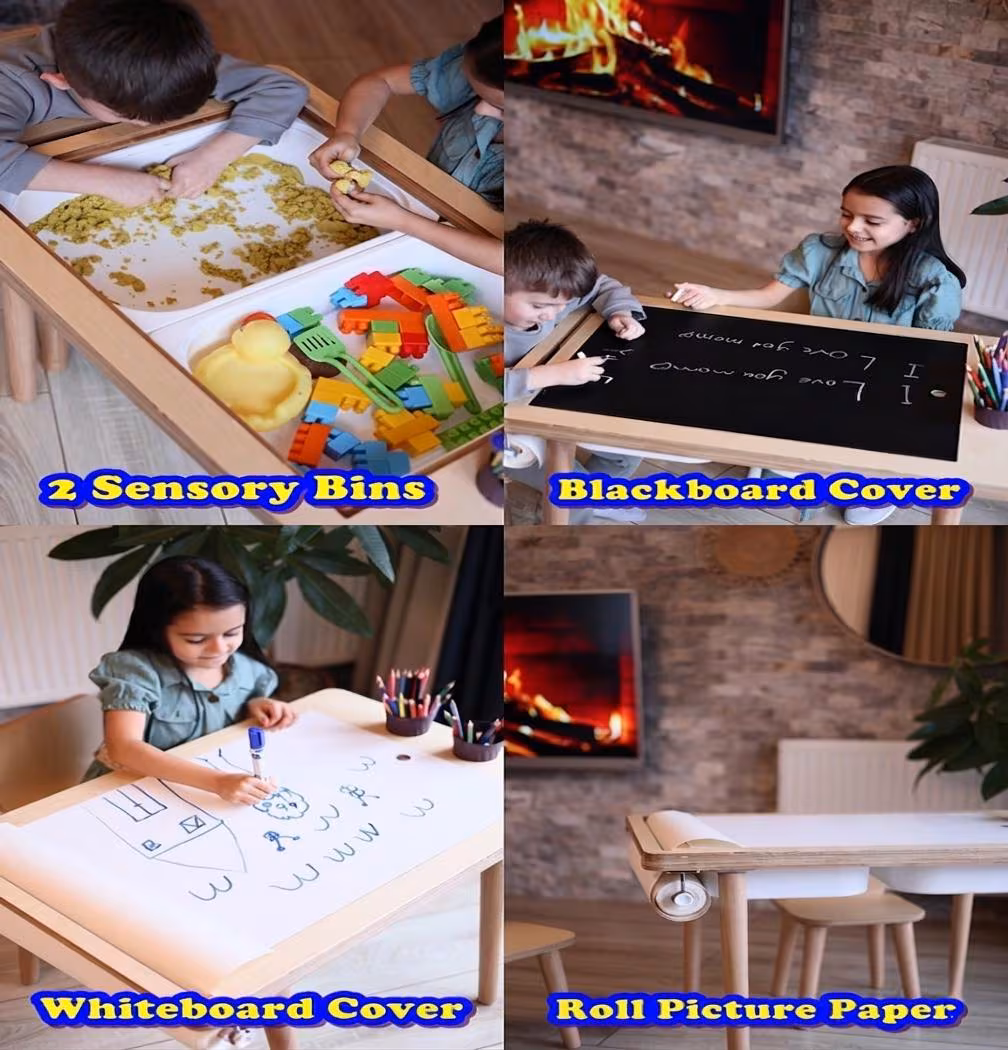 Montessori Sensory Table & Chair Set | Wooden Activity Center | Chalkboard Whiteboard | 100% Birch Wood