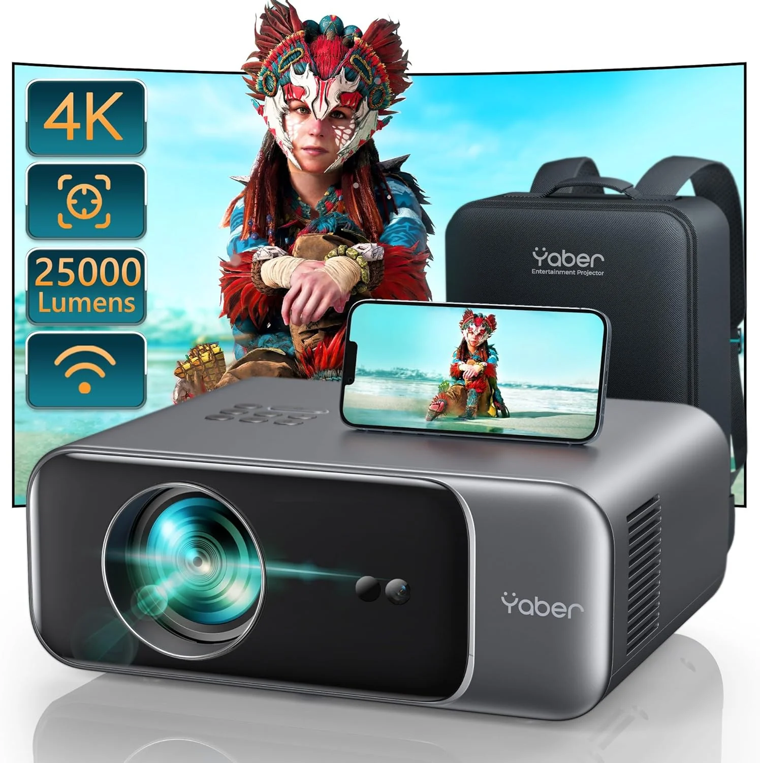 [Auto Focus/4K Support] Projector with WiFi 6 and Bluetooth 5.2, Native 1080P Outdoor Movie Projector, Auto 6D Keystone  50% Zoom, Home Theater Projector for Phone/TV Stick/PC(Grey/Mini)