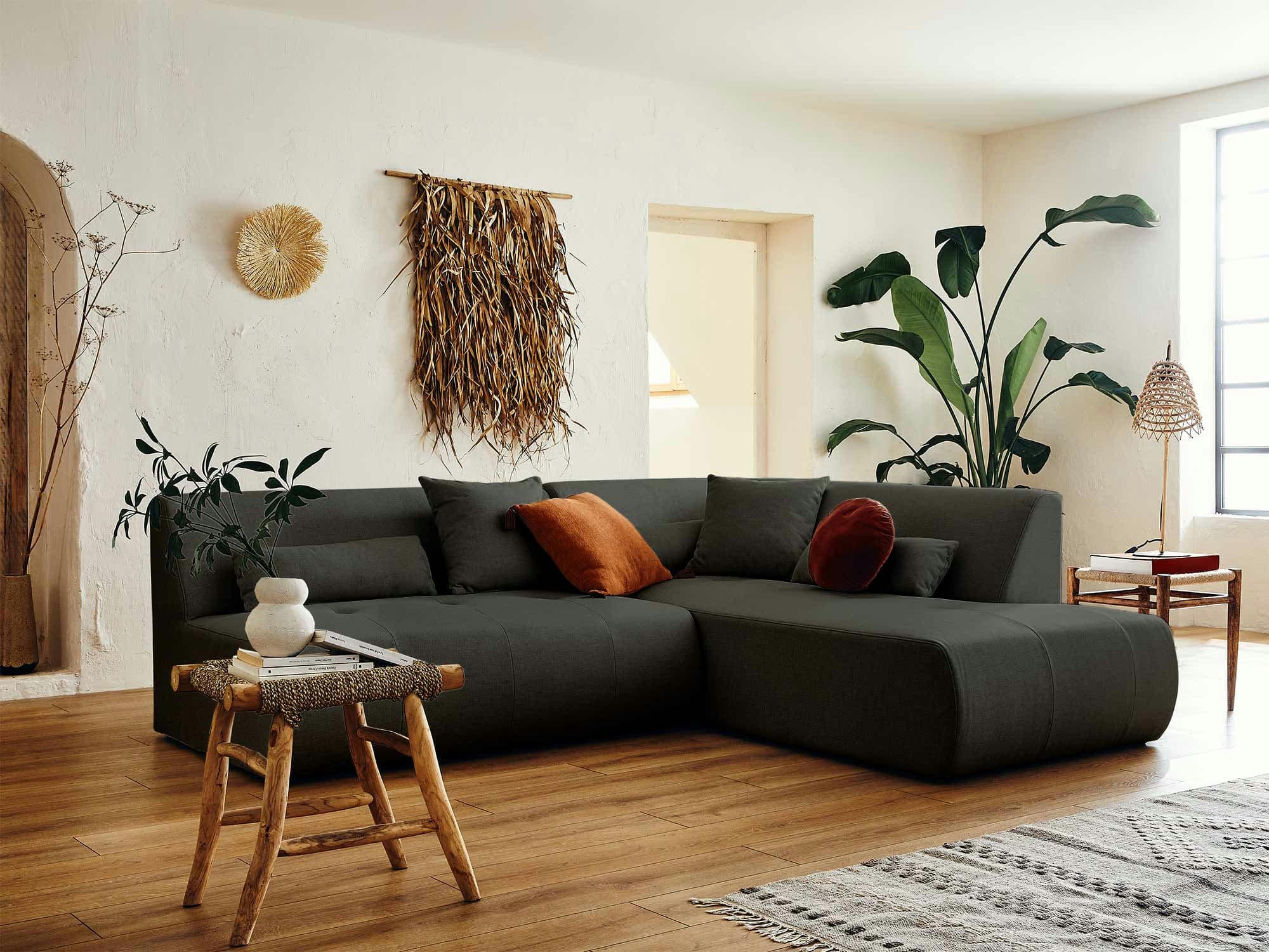 ONYX - Canapé modulable 5 places angle droit en tissu gris foncé