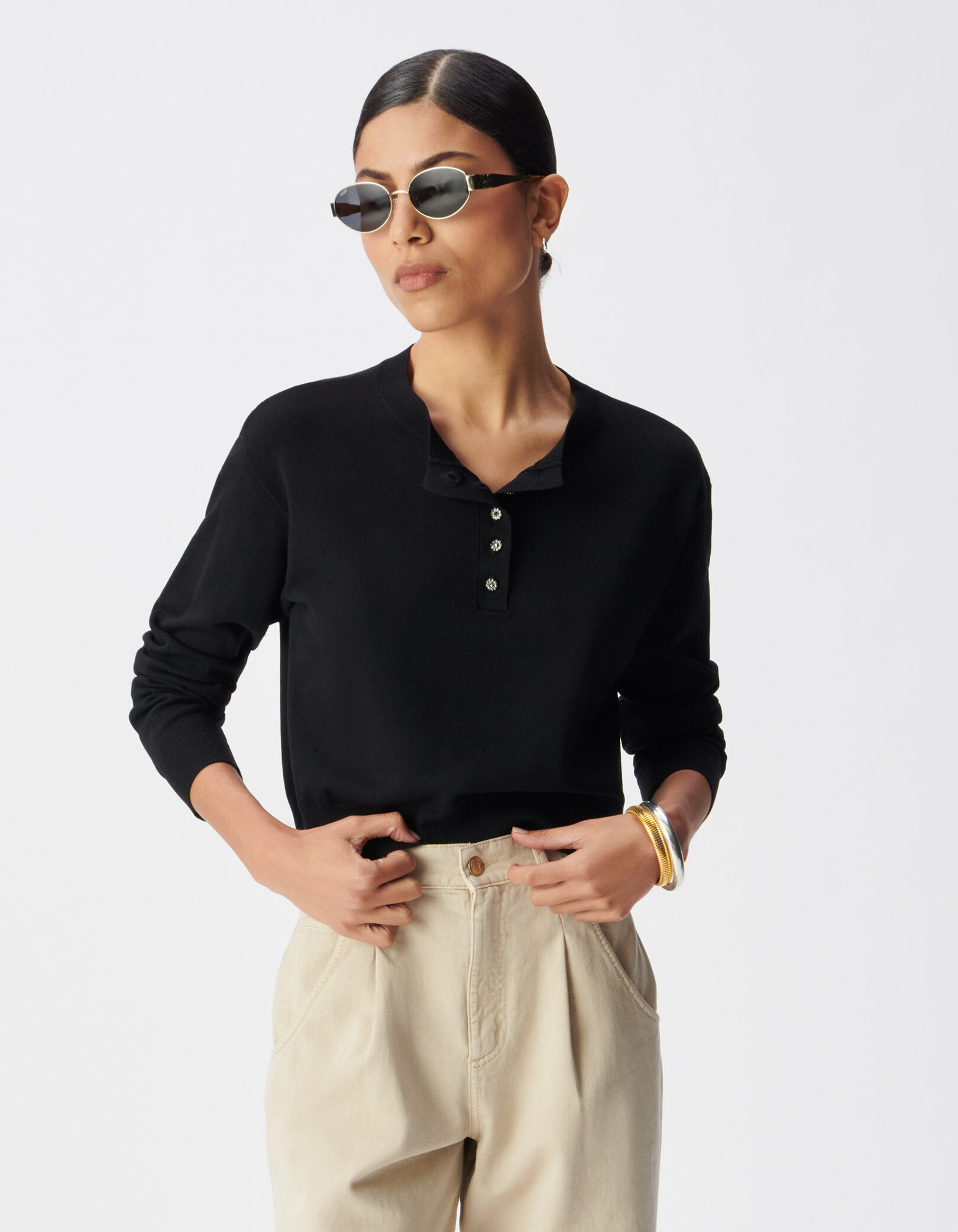 Pull chic noir tricot fin boutons strass Femme