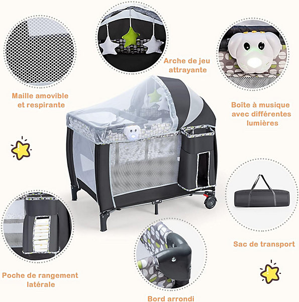 Lit Parapluie pour Bebe Pliable a roulettes avec Table a Langer et Matelas Lit de Voyage Bebe Gris