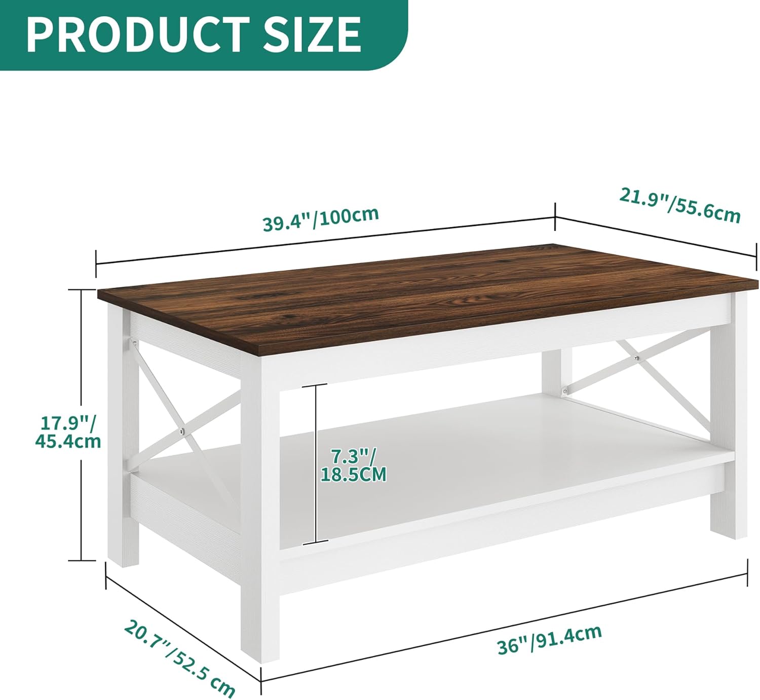 YITAHOME Coffee Table for Living Room, Modern Farmhouse Coffee Table with Storage, 2-Tier Center Table Wood Living Room Table Accent Cocktail with Sturdy Frame, Brown