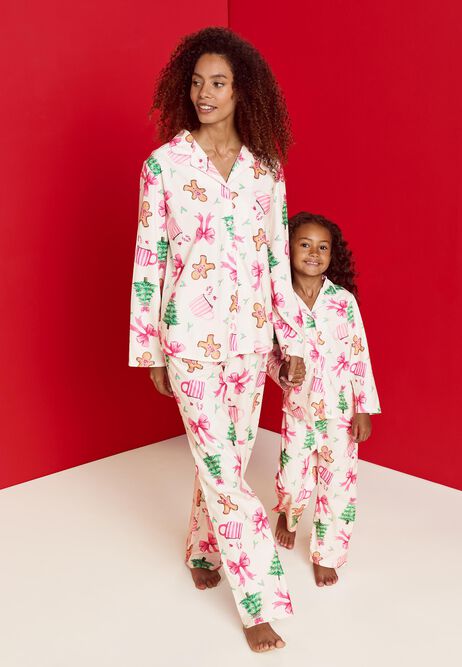 Girls Pink Gingerbread Bow Christmas Family Pyjama Set