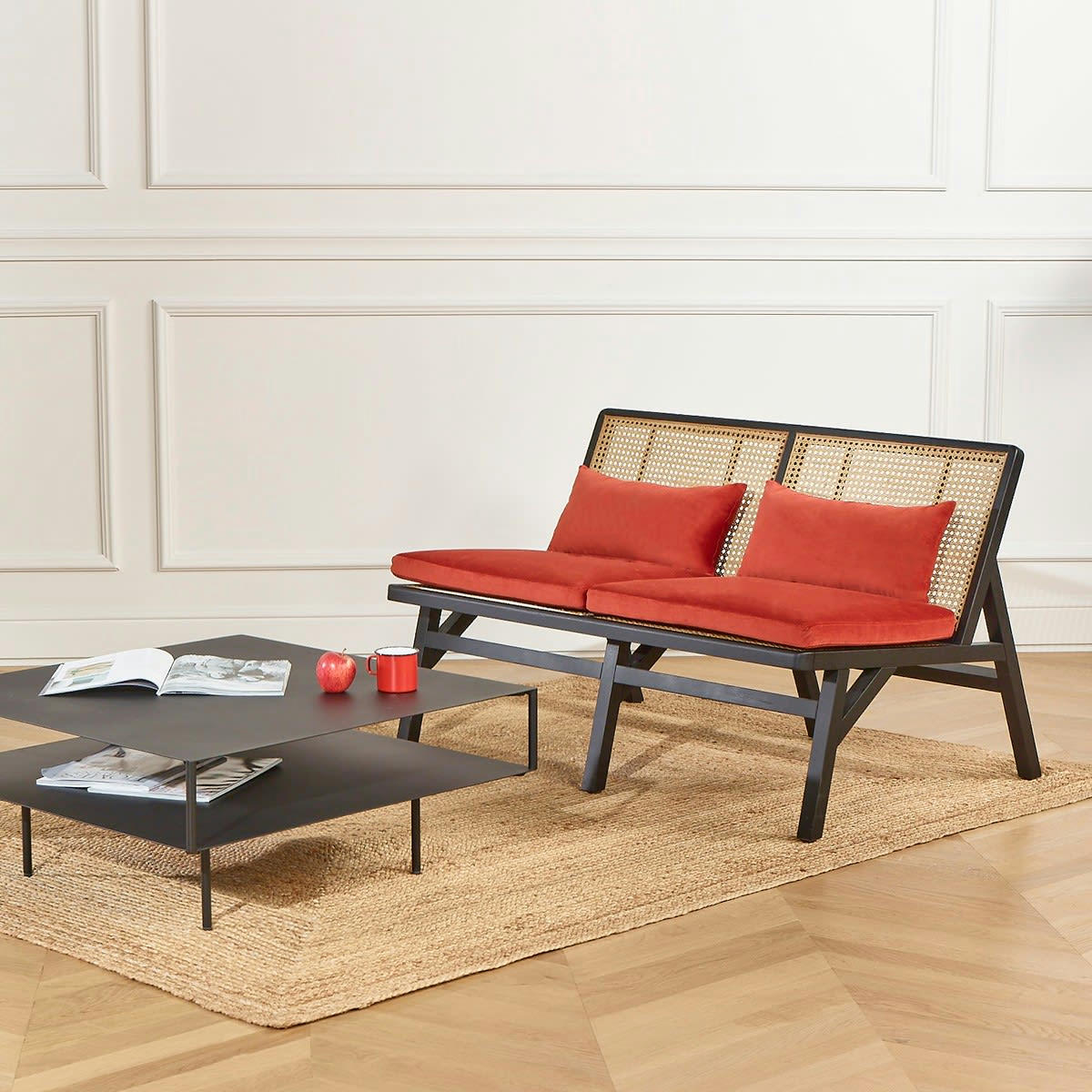 LALALA - Banquette chêne laqué noir cannage et velours 2 places brique