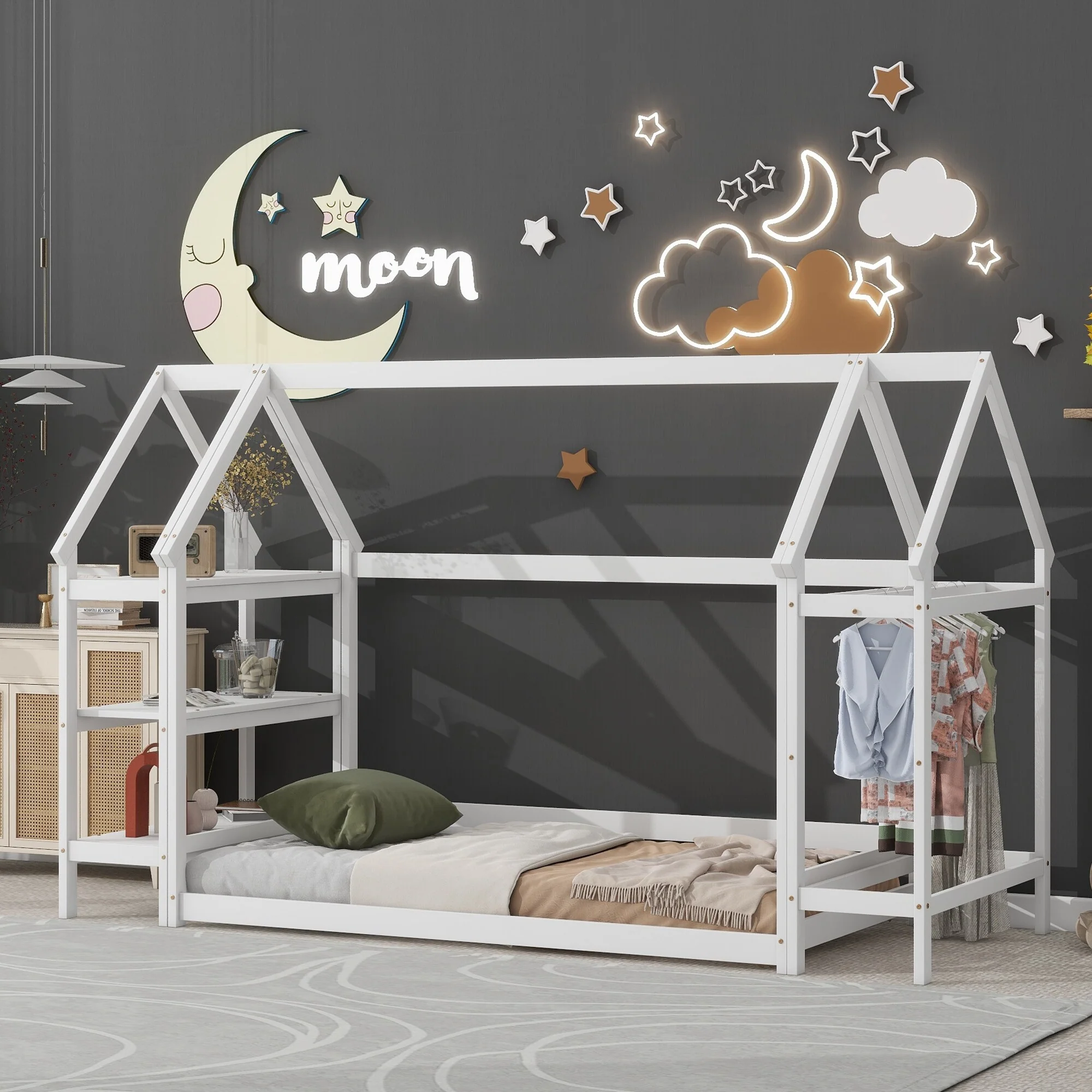 Twin House-Shaped Floor Bed with Storage Shelf and Hanger, Kids Bedroom Set