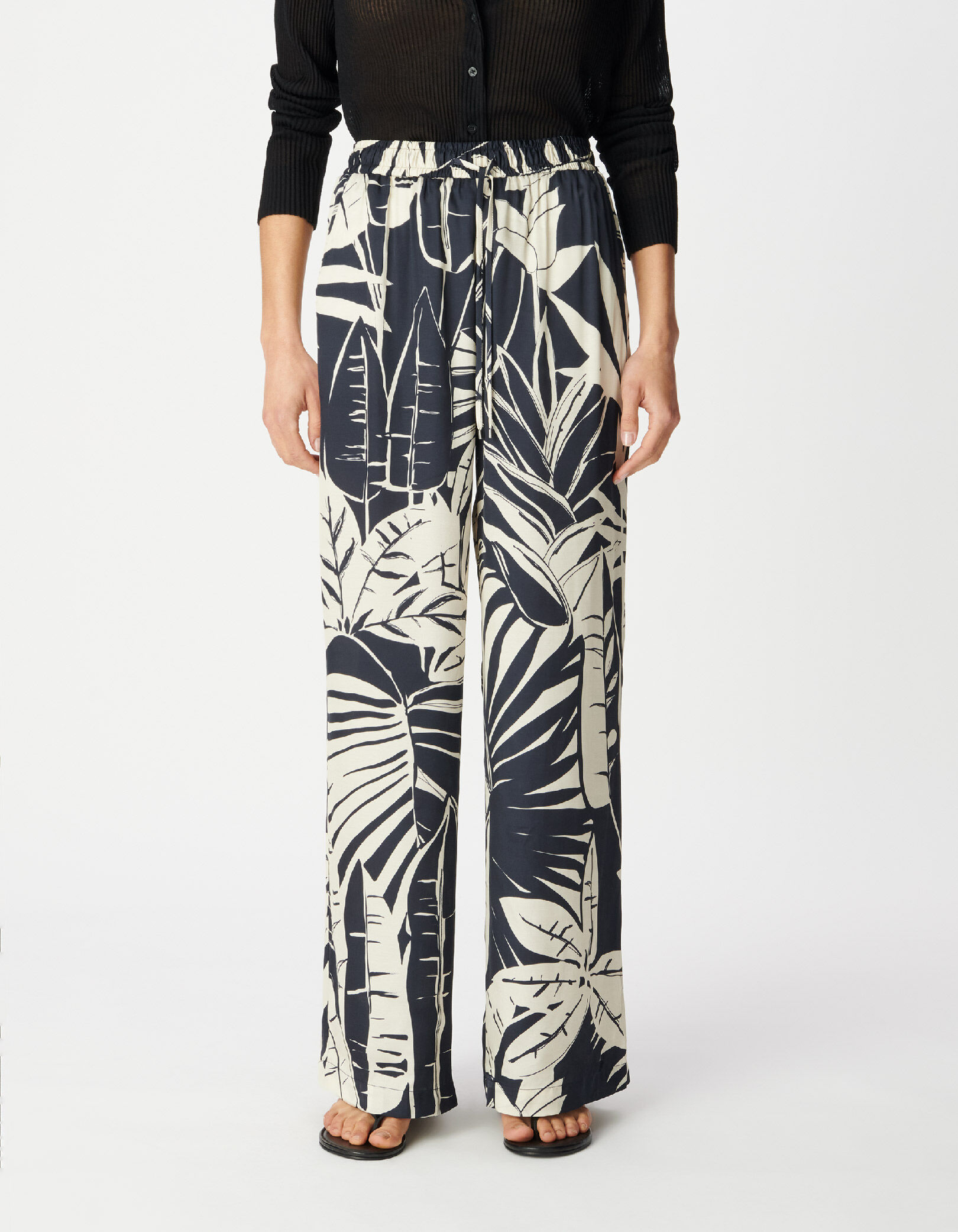 Pantalon large marine satiné imprimé maxi feuilles Femme