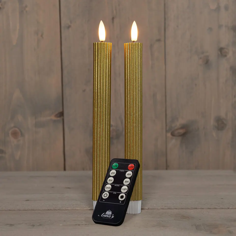 Anna's Collection LED dinerkaarsen - 2x - goud - ribbel
