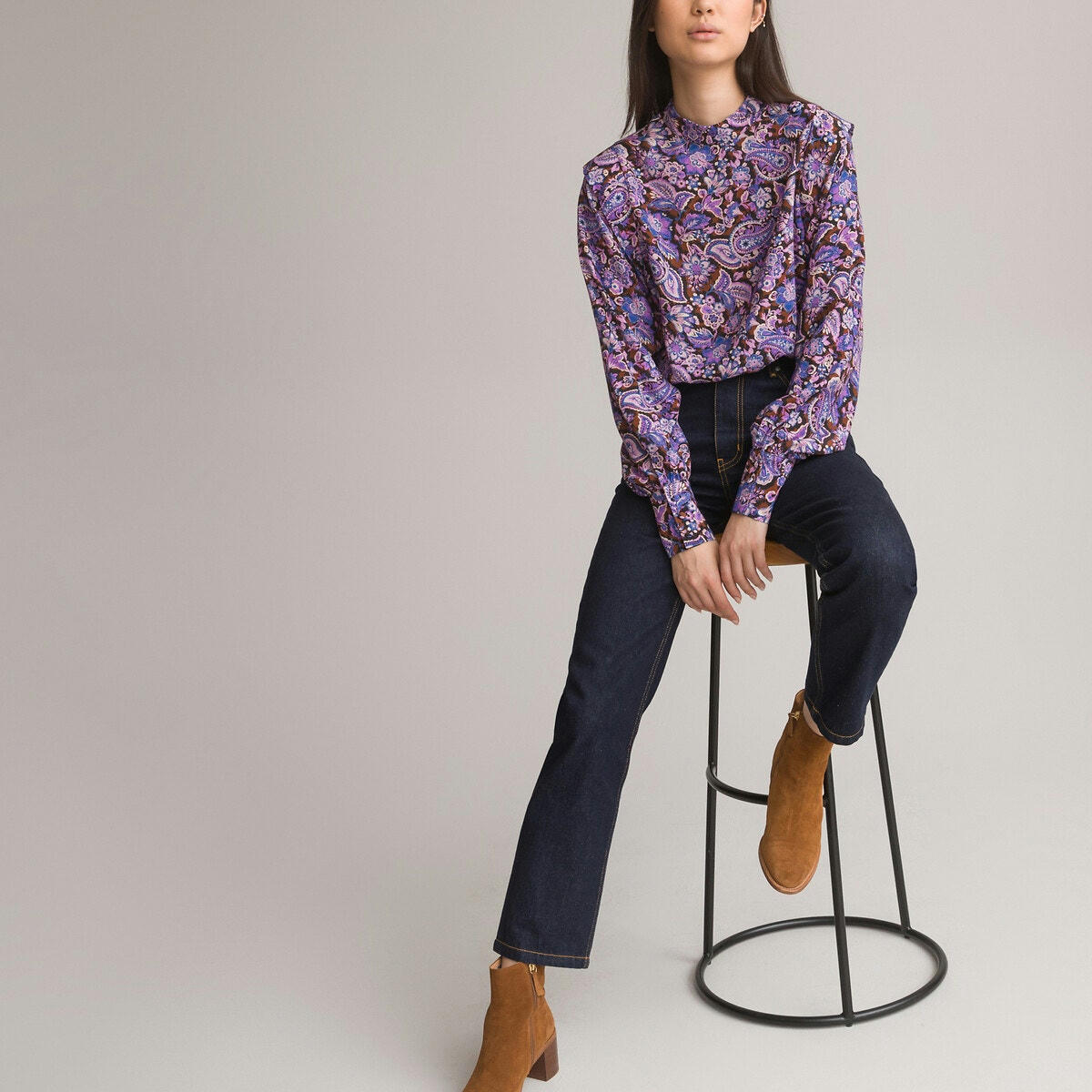 Blouse col montant, manches longues, imprimée