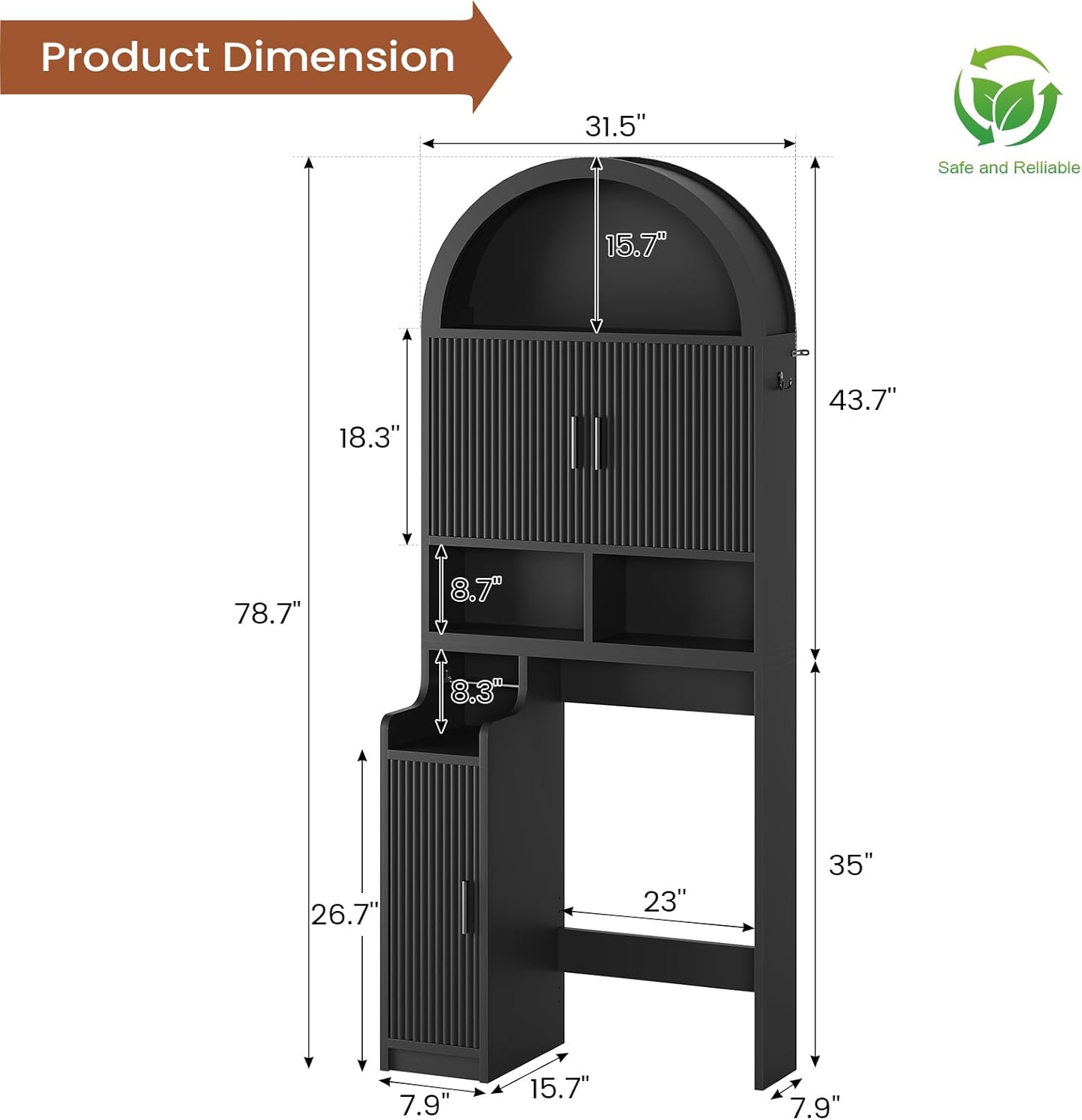 Itaar Arched Over The Toilet Storage Cabinet, 78.7 H Fluted Bathroom Organizer with Reversible Side Cabinet, Adjustable Shelves, Anti-Tipping, Hooks & Paper Holder for Bathroom Laundry Room, Black