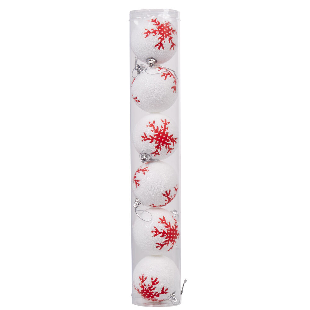 Boule de no&euml;l en mousse design flocon blanc rouge x6