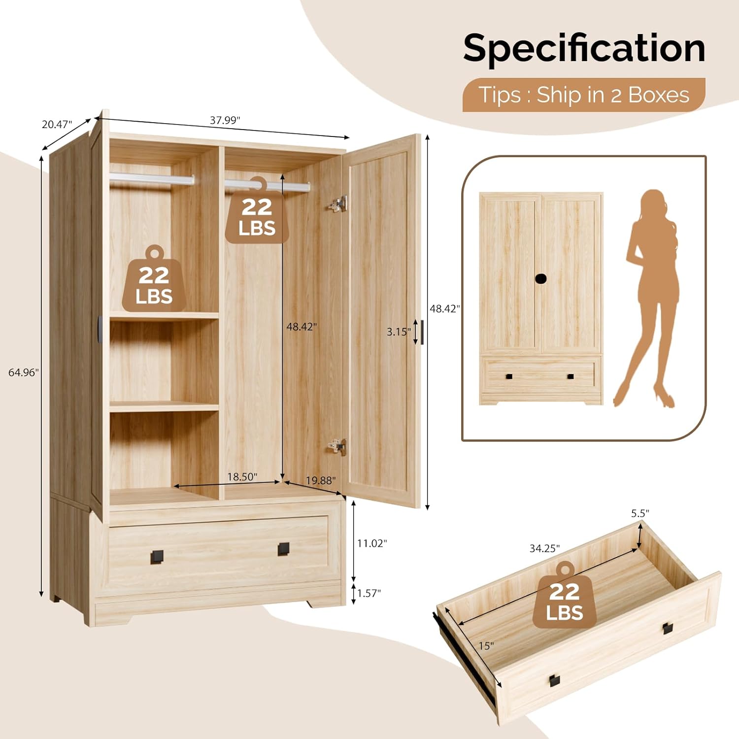 VINGLI Armoire Wardrobe Closet With Doors, Hanging Rod, Shelves and Drawer - Freestanding Cabinet for Bedroom, Dorm - Oak, 38 W x 21 D x 65 H