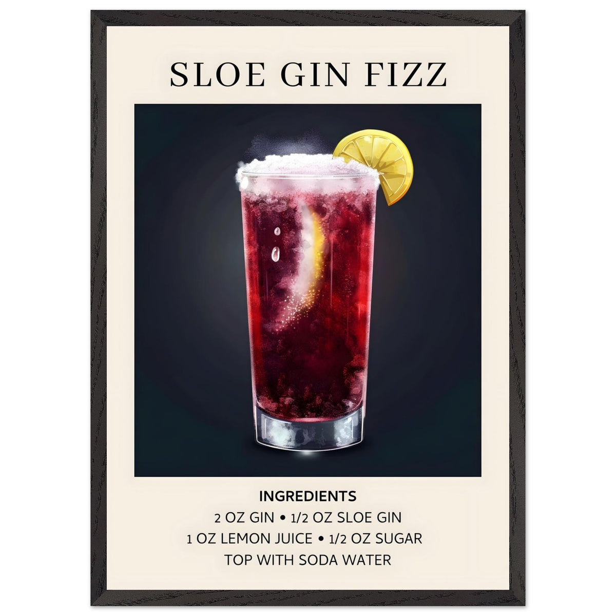 Artfulprints Poster met Lijst Sloe Gin Fizz cocktail - Ingrediënten  - 50x70 cm - Zwart
