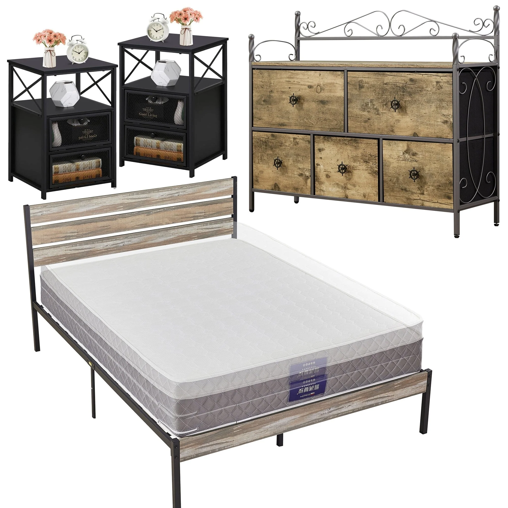 4-Pieces Bedroom Set with Drawer and Nightstands Set of 2, 5-Drawer Dresser, Brown/Grey Set