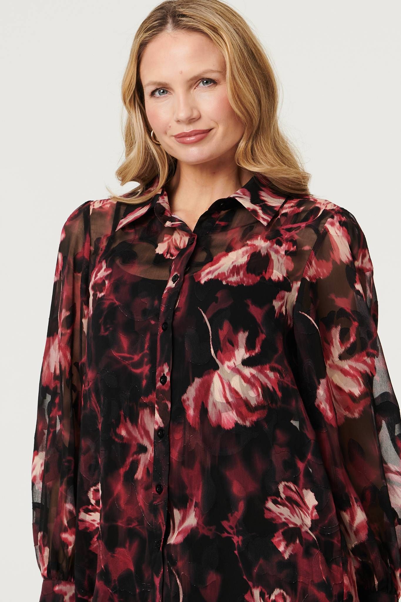 Izabel London Floral Semi Sheer Balloon Sleeve Shirt