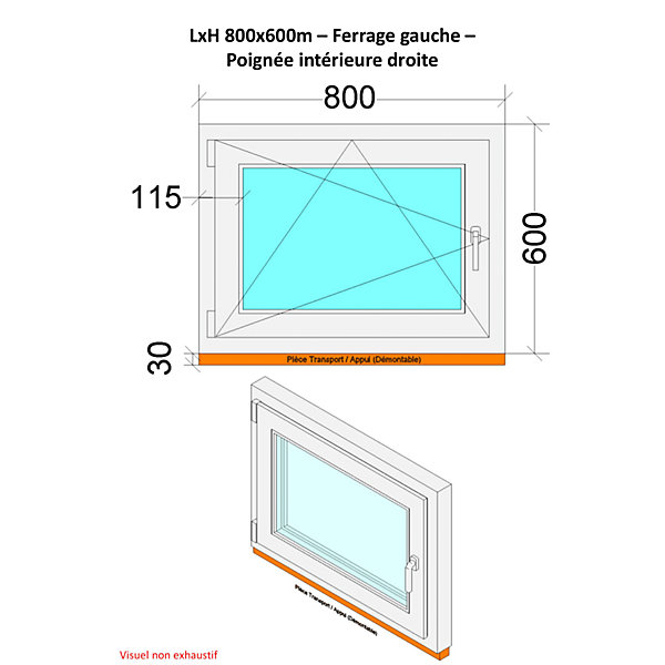 Fenêtre PVC - LxH 800x600 mm -Triple Vitrage - Blanc -poignée à droite